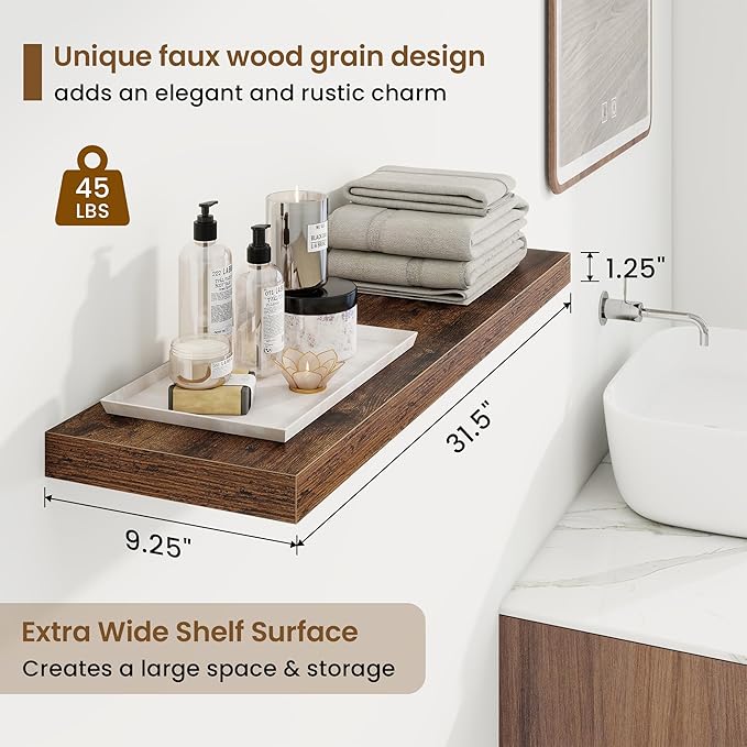Marsmiles 32in Floating Shelves for Wall, 32" W x 9.25" D x 1.25" H, 2 Pack Long Wall Mounted Engineered Wood Shelves with Invisible Brackets for Living Room, Bedroom, Bathroom, Kitchen, Rustic Brown