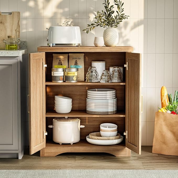 Fluted Buffet Cabinet with Storage Accent Sideboard,Modern Credenza with 2 Doors & Adjustable Shelves,Wood Coffee Bar Table Console for Dining Room Kitchen Living Room Entryway,Natural Oak