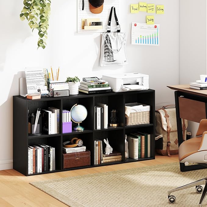 Tangkula 8-Cube Bookcase, Large Floor Standing Horizontal Bookshelf with 8 Open Shelves & 2 Anti-Tipping Kits, Home Office Wooden Storage Book Shelf for Living Room, Study (Black, 8-Cube)
