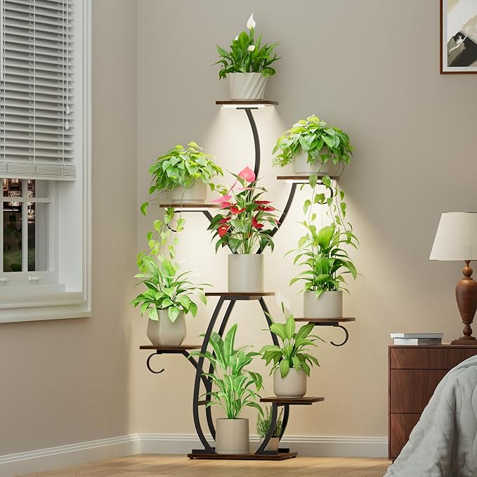 Plant Stand Indoor with Grow Lights - 58" Tall Plant Shelf Indoor, 8 Tiered Corner Lighted Plant Stand for Indoor Multiple Plants, Metal Flower Stands Display Rack for House, Patio, Black
