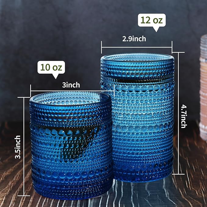 Vintage Hobnail Drinking Glass Set of 8 - 12 oz Highball & 10 oz Cocktail Tumblers for Whiskey, Juice, Milk