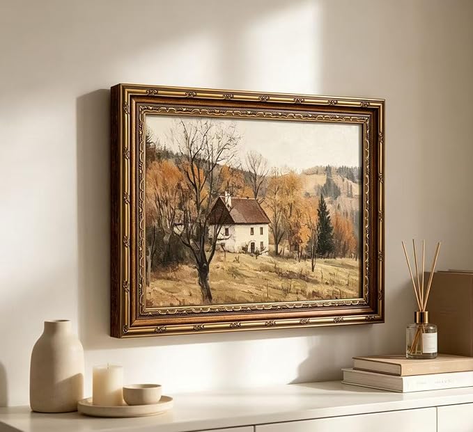 Vintage Gold Framed Autumn Country Cottage Wall Art ，Rustic Farmhouse Landscape Canvas Prints, Retro Fall Cabin Painting for Living Room Bedroom Kitchen Wall Decor，9x11in