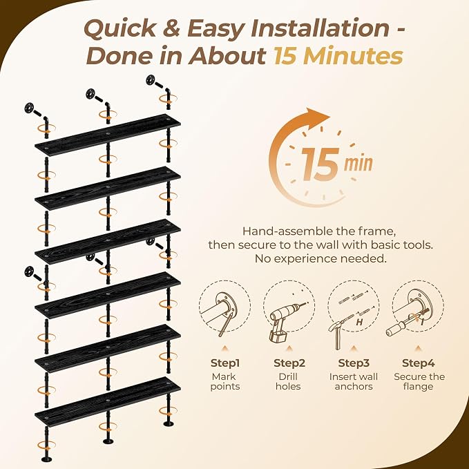 6 Tier Industrial Ladder Shelf Bookcase, Wall Mounted Rustic Bookshelf for Living Room Decor and Storage (Black, 6 Tier - 10" D x 60" W x 82.5" H)