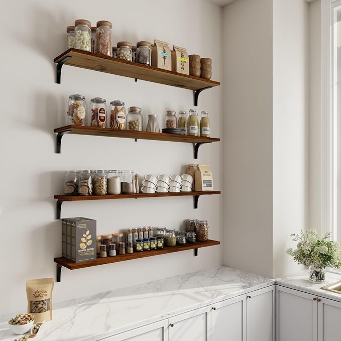 12x48 Inch Rustic Wood Floating Shelves 4-Pack - Farmhouse Walnut Wall Shelves with 100 lbs Capacity, Easy Installation for Living Room, Kitchen, Bathroom