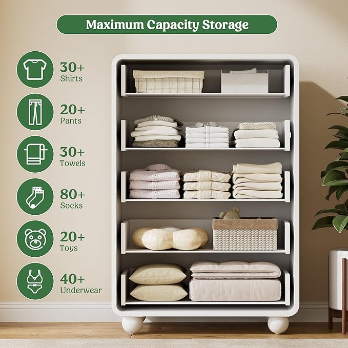 Lulive Wood Dresser for Bedroom, 41” Tall Chest of Drawers with 5 Drawers, Modern Closet Storage Drawer with Curved Profile Design for Living Room, Hallway, Entryway, White