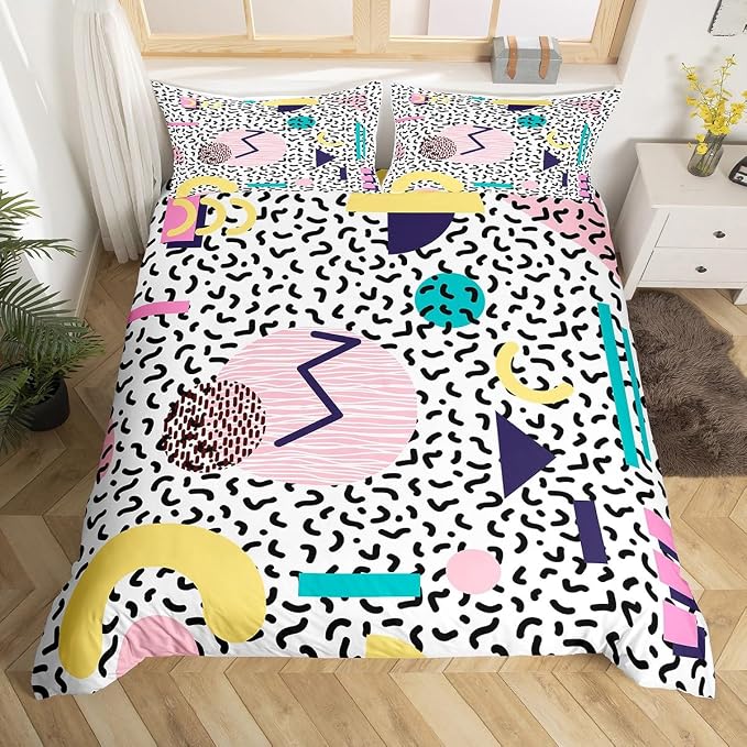 Memphis Duvet Cover Set King Size, Vintage Hip Hop Comforter Cover with 2 Pillowcases, Retro 80s or 90s Geometric Fashion Style Bedding Set for Kids Boy Girls Lightweight Bedspread Cover,No Comforter