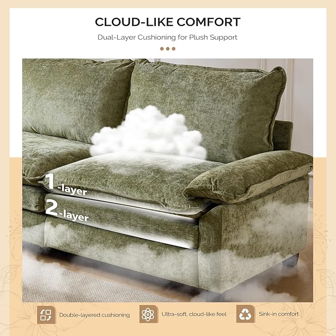 VINGLI 122" Cloud Double-Layer Deep Convertible Sectional Sofa, Comfy L-Shape 3-Seat Couches for Living Room, Modern Couch with Movable Ottoman for Small Space, Olive Green, Chenille