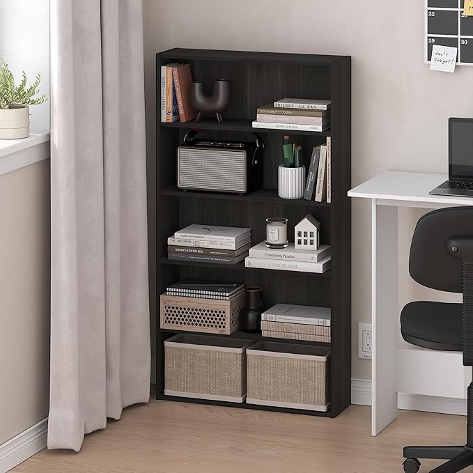 Furinno Basic Book Shelf, 5-Tier Bookshelf, Storage Organizer Bookcase with Open Shelf, 7 x 24 x 44, for Living Room, Bedroom, Home Office, Espresso