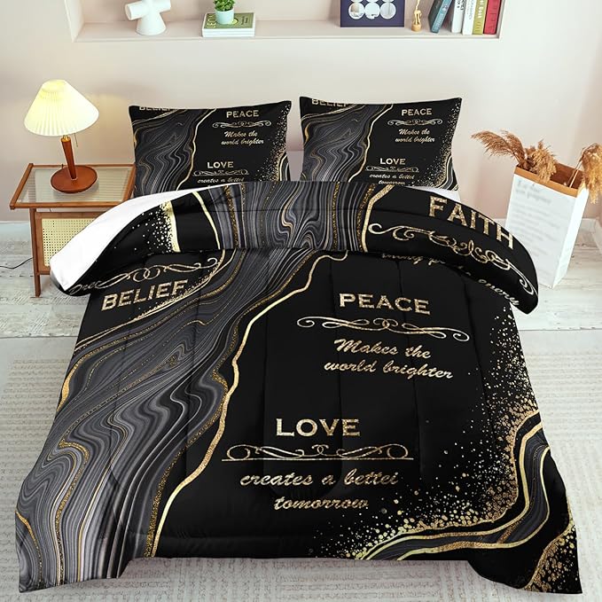 Black and Gold Comforter Set Queen,Marble Comforter for Boys,Black and Gold Bedding Set Queen,Marble Bedding for Girls,Goth Vintage Quilt Aldult,Goth Vintage Bedroom Decor