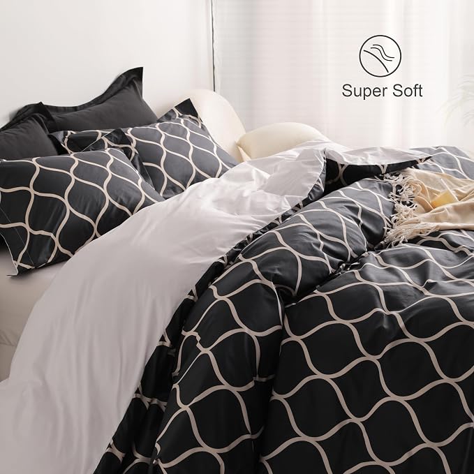 NTBAY 3 Pieces Curve Pattern Duvet Cover Set, Brushed Microfiber Soft Black and Beige King Duvet Cover Set, Reversible Zipper Comforter Cover with Ties and 2 Pillow Shams