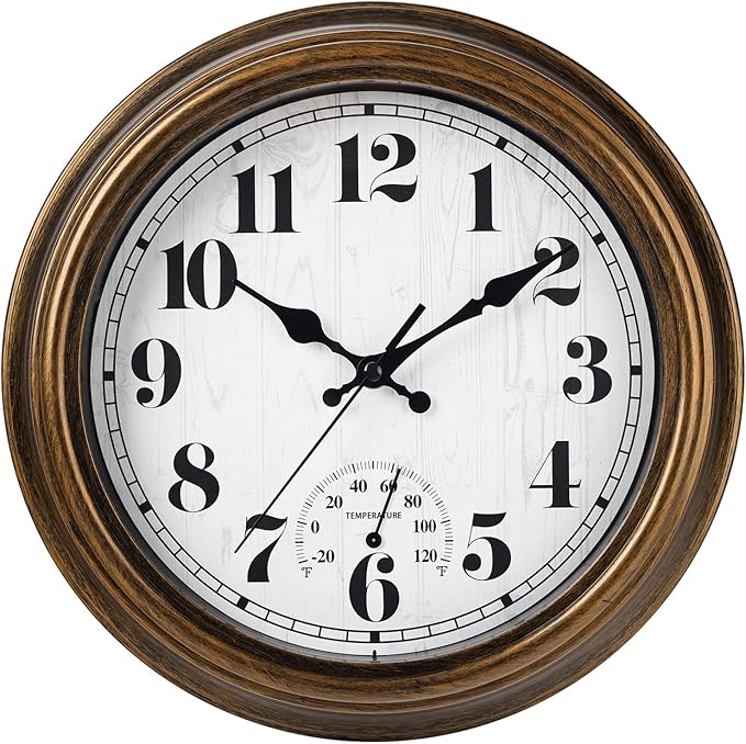 45MinST 12 Inch Indoor/Outdoor Retro Round Waterproof Wall Clock with Thermometer, Silent Non-Ticking Battery Operated Quality Quartz Wall Clock Home/Patio Decor(Bronze)