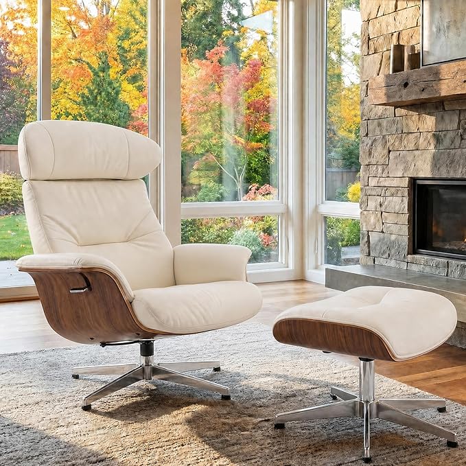 Mid Century Modern Chaise Lounge Chair with Ottoman,Swivel Accent Chair Top Black Full Grain Leather,Walnut Wood,Adjustable Backrest Headrest,Heavy Duty Metal Base for Office,Living Room,Beige