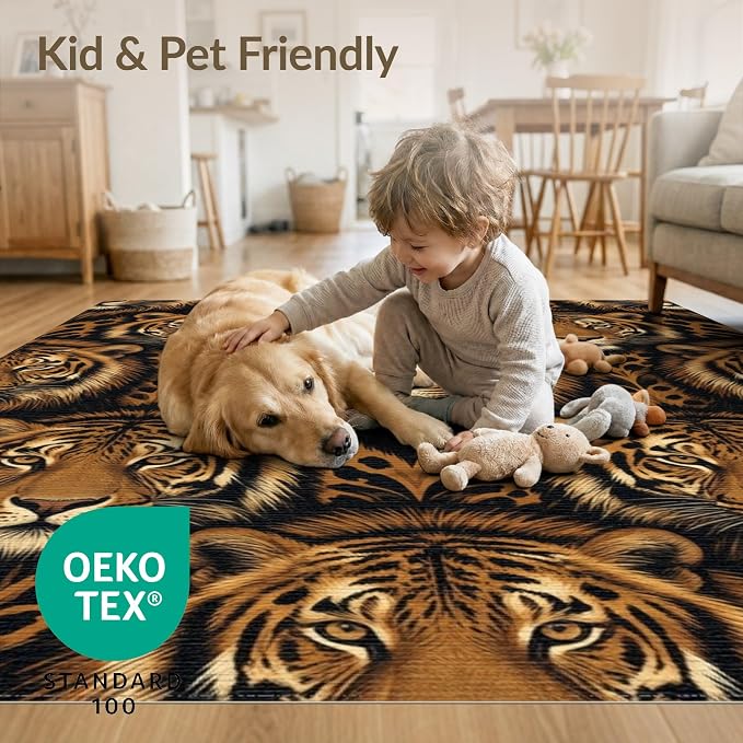 5'x7' Washable Flatwoven Rug, Orange Graphic Animal Print Stain Resistant Area Rug Non-Slip Low Profile Floor Covering for Guest Room, Lounge, Apartment | Ref:2229845