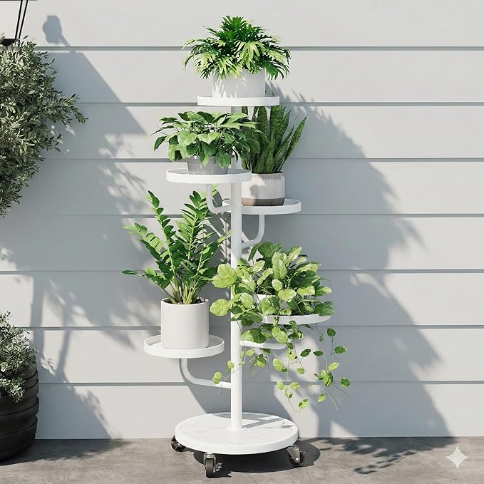 Bamworld Tall Plant Stand Indoor Outdoor Metal Plant Stands with Wheels 5 Tiered Corner Plant Holder Heavy Duty Flower Stand for Multiple Pots Planter Stand for Patio Balcony Living Room (White)