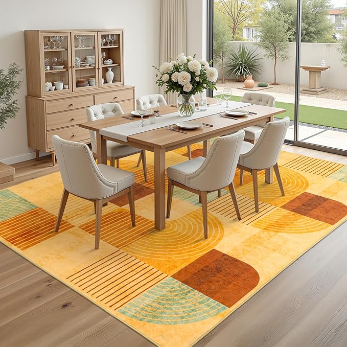 8x10 Area Rugs for Living Room, Soft Modern Abstract Geometric Rug for Bedroom, Washable Non-Slip Indoor Floor Carpet for Dining Room Nursery Home，Multi/Orange
