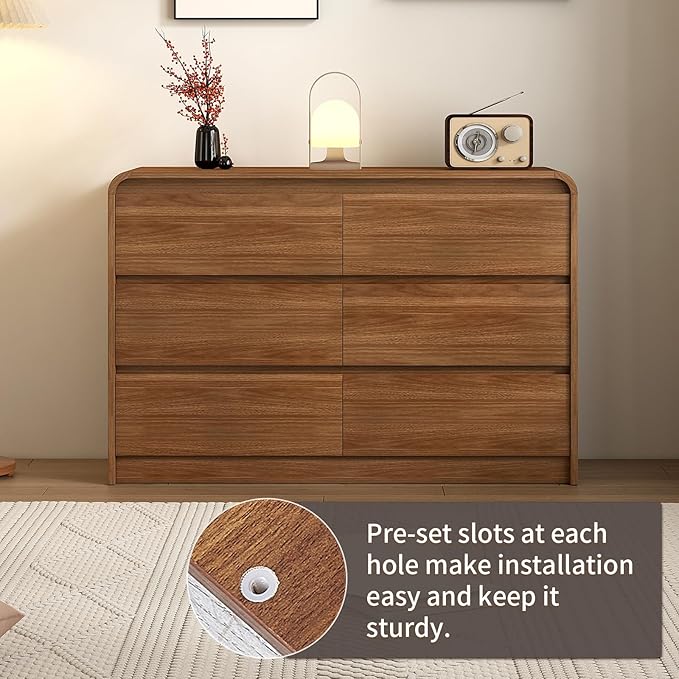 6 Drawer Dresser For Bedroom 47 Inch Wood Chest of Drawers - Curved Anti Collision, Mid Century Dresser For Closet with Natural Texture & Pre-Embedded Slots for TV Stand, Living Room, Nursery