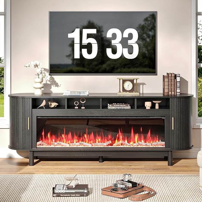 70 Inch Modern Fireplace TV Stand for TVs up to 80 inches, Mid Century TV Console with Solid Wood Legs, Sliding Doors & Curved Design,Media Console for Living Room, Black