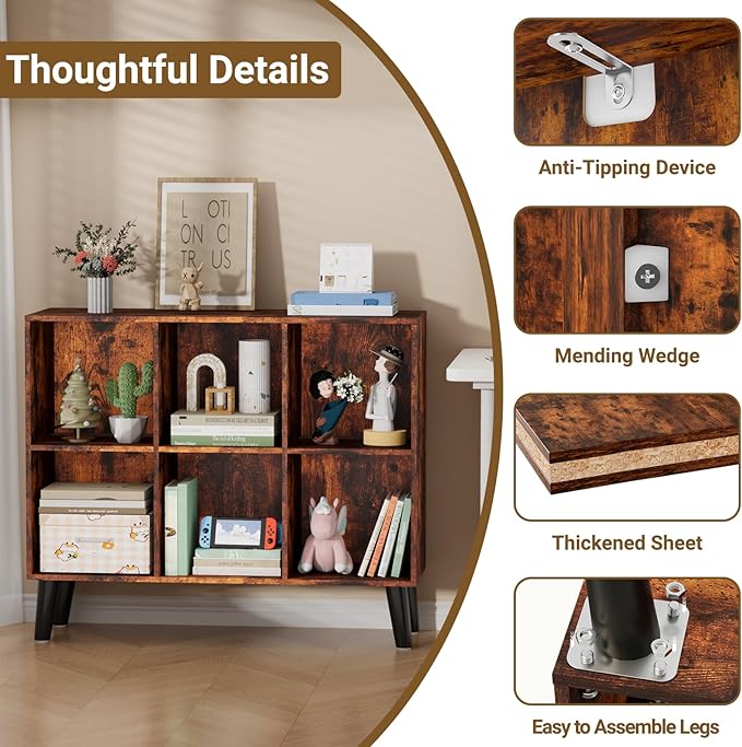 6 Cube Storage Organizer with Legs, 3 Tier Cube Low Bookcase Freestanding Storage Display Organizer for Home Office, Three-Cubes Open Shelf Bookshelf (Retro Brown, 6 Cube Horizontal)