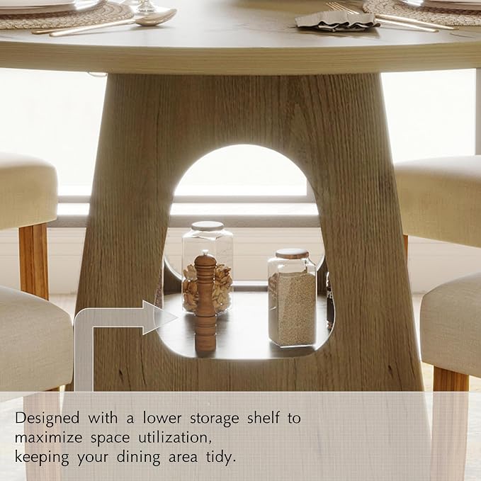KEIKI 47" Round Dining Table for 4-6, Mid Century Modern Kitchen Table with Storage Base, Wooden Corner Dinner Desk for Living Room Breakfast Nook Restaurant, Easy Assembly, Natural