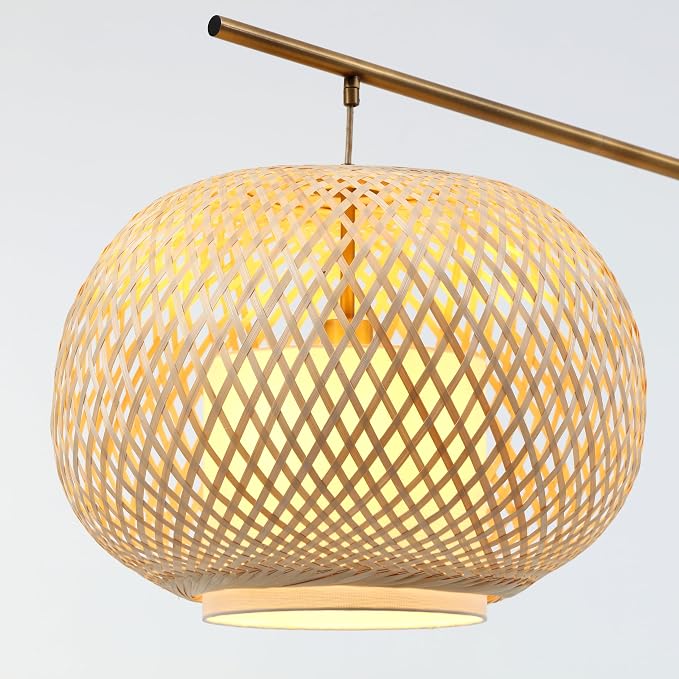 FOS - Modern Bohemian Chic Arch Floor Lamp with Woven Bamboo + Linen Shade - Brushed Brass Finish, Ambient Home Lighting in Living Room, Bedroom, Study, Nursery