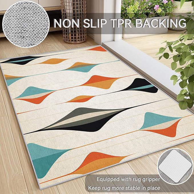 Mid Century Modern Rug 7x7, Washable Retro Geometric Rugs for Living Room Bedroom, Minimalist Area Rug for Home Decor, Non Slip Backing Floor Carpet with Gripper - 7 x 7 ft