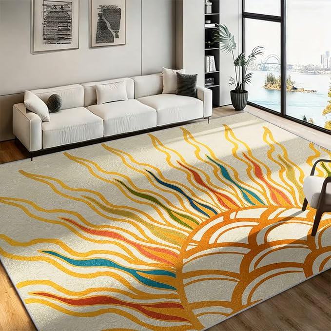 Sunburst Abstract Area Rug 7x9, Yellow Orange Colorful Sun Pattern Rugs, Boho Modern Washable Non-Slip Soft Carpet for Living Room Bedroom Dining Room Home Office Entryway