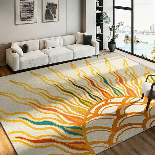 Sunburst Abstract Area Rug 7x9, Yellow Orange Colorful Sun Pattern Rugs, Boho Modern Washable Non-Slip Soft Carpet for Living Room Bedroom Dining Room Home Office Entryway