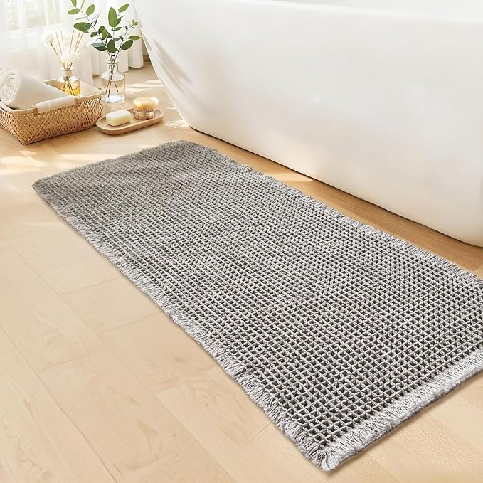 Waffle Bath Mat - Boho Bathroom Rugs Non Slip Washable, Super Absorbent & Quick Dry, Soft Bath Mat Farmhouse Bathroom Decor, 24'' x 48'', Light Grey