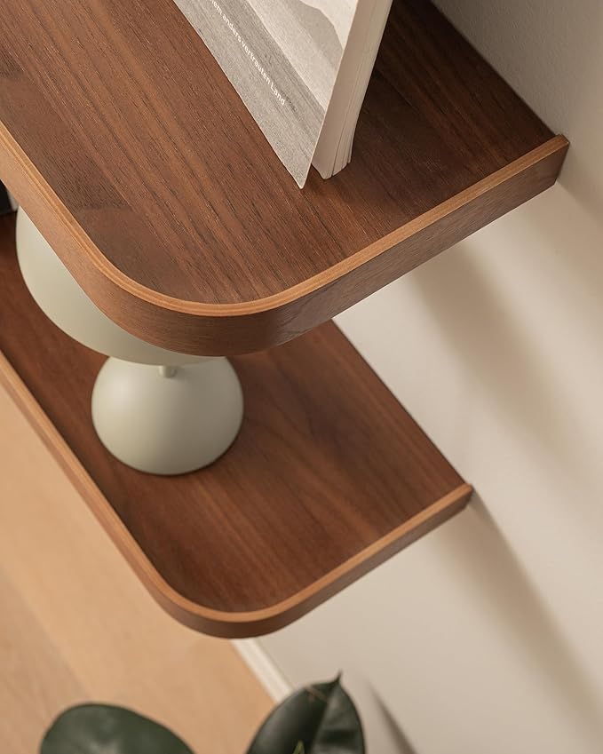 Kazai.® 23.6 inches Floating Shelves for Wall 'Toke' | Set of 2 Small Mounted Wooden Shelf Units | Modern Wall Decor & Storage for Living Room, Bathroom, Kitchen, Bedroom & More | Walnut