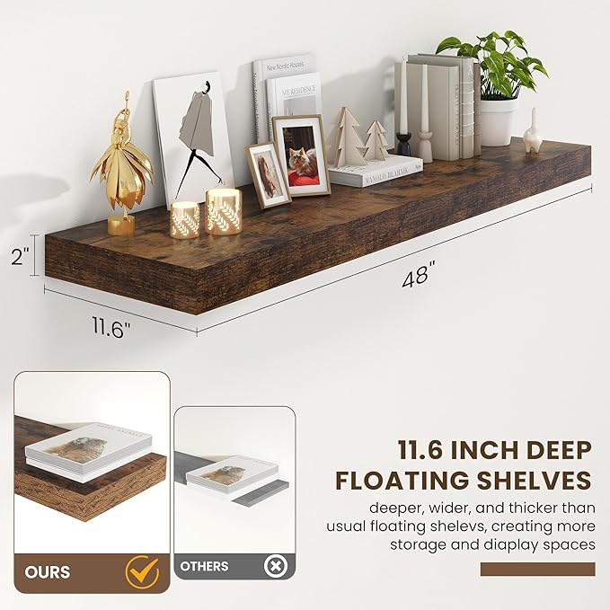 48 Inch Floating Shelves | 12 Inch Deep Floating Shelves Set of 1 | 48" W x 12" D Rustic Brown Wood Wall Shelves for Bathroom Living Room Kitchen Laundry Room