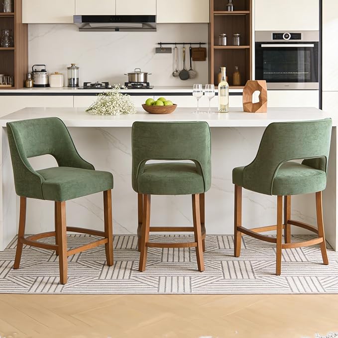 ClinQ Bar Stools Set of 4, 26" H Counter Height Bar Stools with Backs, Modern Upholstered Accent Barstools with Curved Footrest for Kitchen Island, Dining Room and Bar, Green-Walnut Legs