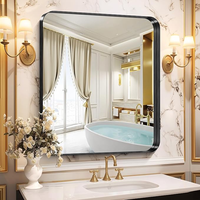 CIRCUMI Black Bathroom Mirror, 30"x36" Rectangular Mirror with Deep Metal Frame, Rounded Corner, Tempered Glass, Mirror for Wall, Oversink, Bedroom, Installed Vertically/Horizontally, Crystal-Clear