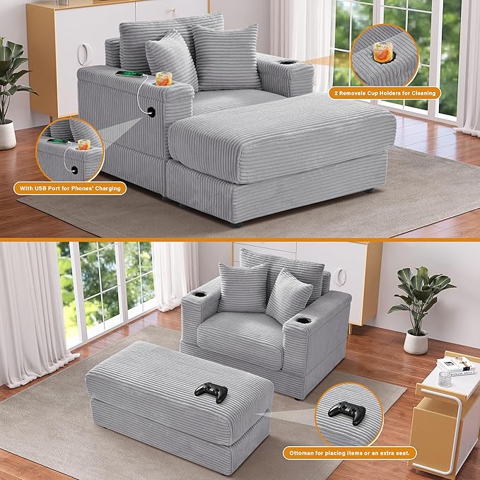 Oversized Chaise Lounge Chair Indoor with USB, Cup Holder & Ottoman, Firm Solid Wood Frame with Long Service Life Corduroy Oversized Lounge Reading Chair for Study Room - Grey