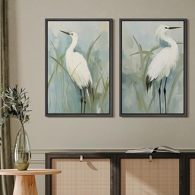 MUDECOR Framed Canvas Print Wall Art White Heron Pair in Marsh Coastal Illustrations Modern Art Decorative Bohemian Colorful for Living Room, Bedroom, Office - 16"x24"x2 Black