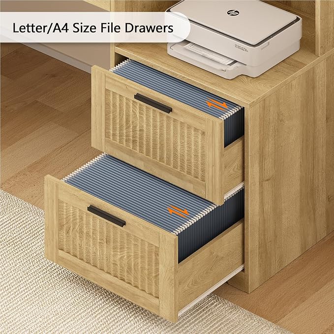 TVU Farmhouse L Shaped Desk with Drawers, 62.2" Home Office Desk with Storage Shelves and Power Outlet, L Shaped Computer Desk with Monitor Stand and Printer Shelf, Oak