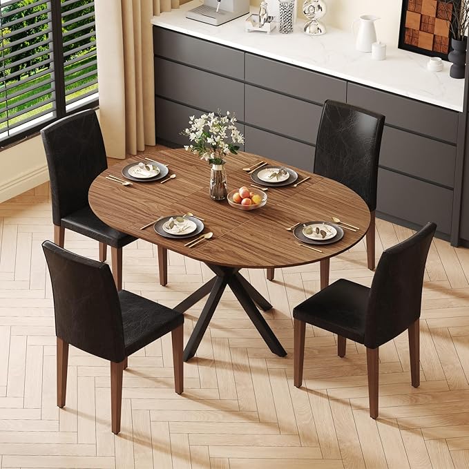 Round Dining Table Set for 4, 43-59" Extendable Dining Room Table Set, Walnut Wood Grain Table and 4 Black PU Leather Upholstered Chairs Set, Mid Century Modern Kitchen Table Set with Cross Legs