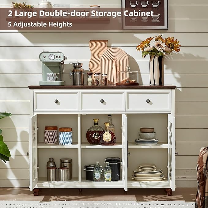 Large Sideboard Buffet Cabinet with Storage,48" Credenza with 3 Glass Doors & 3 Drawers,Adjustable Shelves Coffee Bar,Wood Kitchen Console Table for Dining Room,Living Room,White