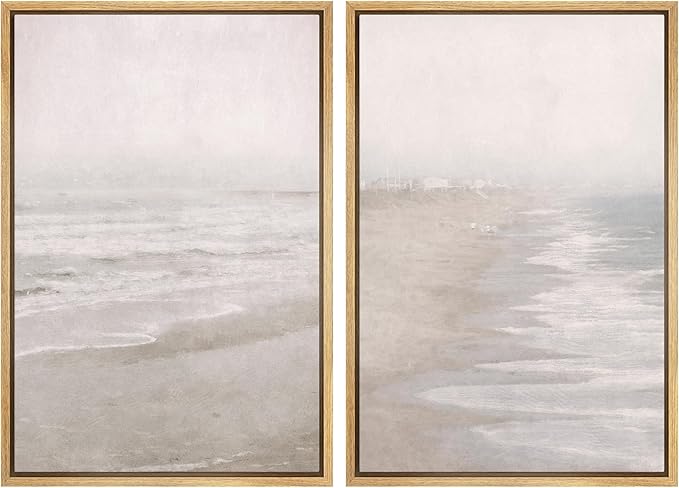 IDEA4WALL Framed Canvas Print Wall Art Set Abstract Beach Shore Ocean Wave Landscape Nature Wilderness Illustrations Modern Art Decorative Coastal Cottage Seascape for Bedroom - 24"x36"x2 Natural