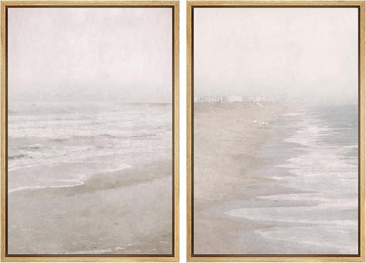 IDEA4WALL Framed Canvas Print Wall Art Set Abstract Beach Shore Ocean Wave Landscape Nature Wilderness Illustrations Modern Art Decorative Coastal Cottage Seascape for Bedroom - 24"x36"x2 Natural