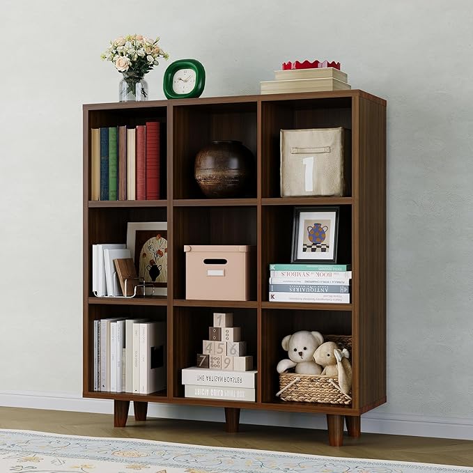 Takywep 9 Tier Mid-Century Modern Bookshelf, Rustic Brown Wood Cube Storage Organizer with Wood & Anti-Tipping Legs, Retro Open Bookcase Display Shelf for Living Room, Home Office, Bedroom