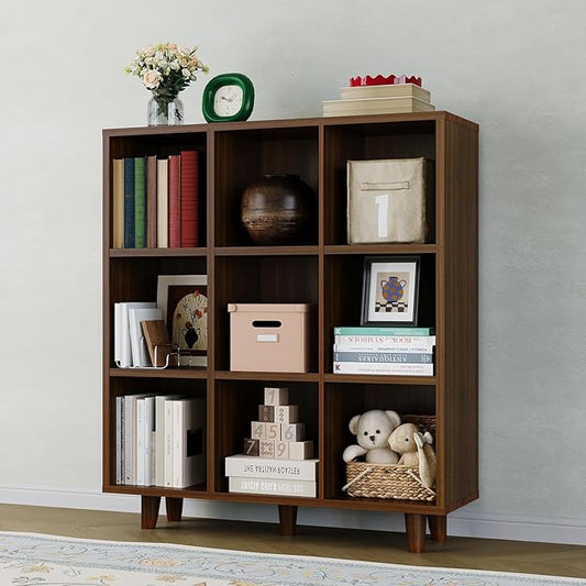 Takywep 9 Tier Mid-Century Modern Bookshelf, Rustic Brown Wood Cube Storage Organizer with Wood & Anti-Tipping Legs, Retro Open Bookcase Display Shelf for Living Room, Home Office, Bedroom