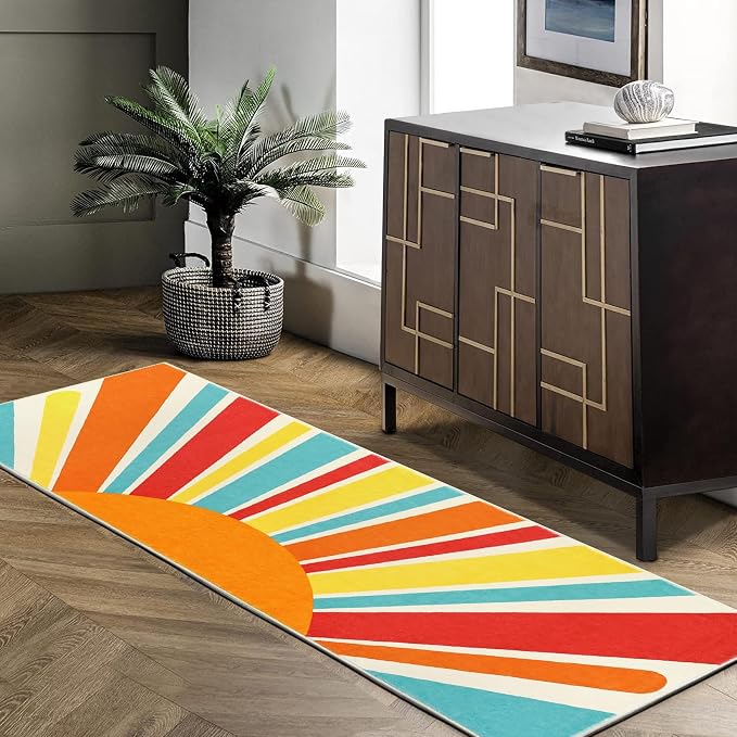 Garvee Sun Runners Rug, 2x6 Washable Non Slip Low-Pile Rugs with Rainbow Sun Abstract Print, Stain Resistant Rug Runner for Hallway Kitchen Entryway Laundry Bathroom Living Room, Colorful Red