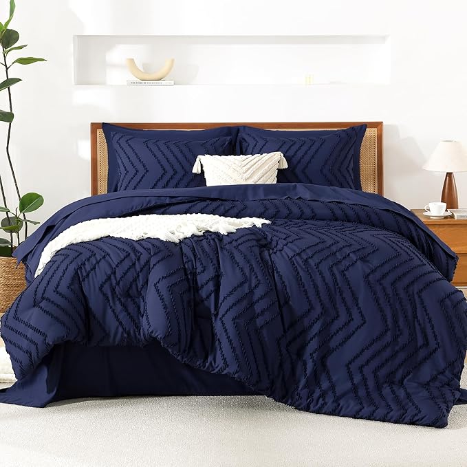 Litanika King Size Comforter Set with Sheets Navy Blue - 7 Pieces Bed in a Bag King Chevron Tufted Complete Bedding Sets with Comforter, Sheets, Pillowcases & Shams