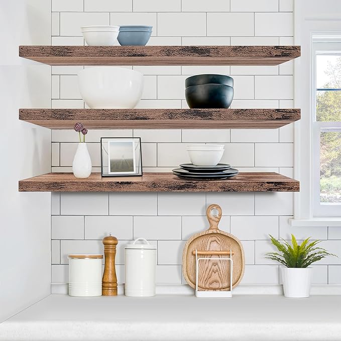 Sorbus Floating Shelves for Wall - 35 Inch Long Bathroom Shelves, Wall Decor for Bedroom, Kitchen, Living Room & Book Storage - Mounted Floating Shelf with Invisible Brackets (Mahogany, 3 Pack)