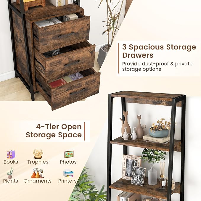 Giantex Ladder Bookshelf with Drawers, 69" Tall Wooden Bookcase with 4 Shelves, Modern Book Shelf Storage Organizer Unit, Freestanding Display Shelving Rack for Living Room, Bedroom (Rustic Brown)