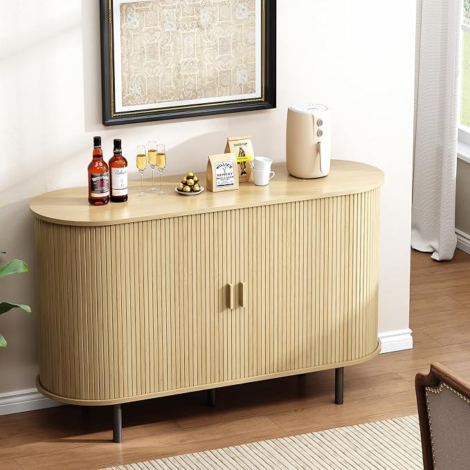 Buffet Cabinet with Storage, Fluted Sideboard Buffet with Sliding Door, Coffee Bar Cabinet with Adjustable Shelf, Console Table, Accent Table for Entryway, Kitchen (Oak, 48 Inch)