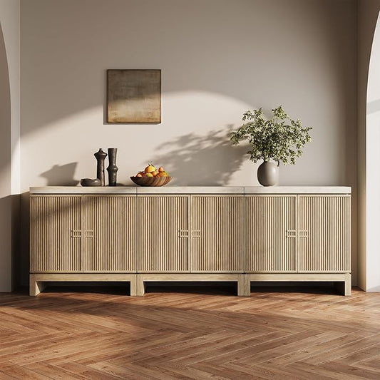 BELLEZE Set of 3 Anton 2 Door Sideboard Buffet Cabinet with Travertine-Look Top, Fluted Reeded Doors, Adjustable Shelf Storage Credenza for Dining Room Living Room Entryway, Travertine Greige