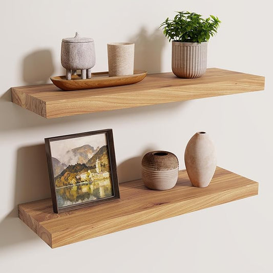 Axeman Floating Shelves for Wall, 24''W x 8'' D Rustic Solid Elm Wood Shelves for Storage, Wall Mounted Display Shelving with Invisible Heavy-Duty Metal Bracket (Natural, 2PCs)