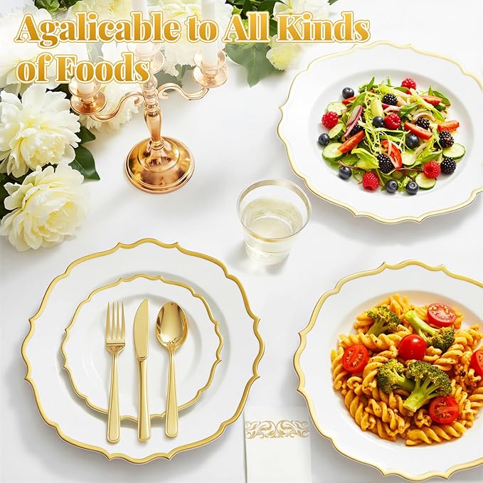 175 Plastic Dinnerware Set Gold Disposable Dinnerware Set for 25 Guests Include 50 Plastic Plates 25 Silverware Set 25 Cups and 25 Napkins for NewYear Party Wedding Birthday
