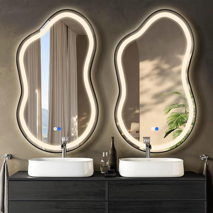 Dorlicecass Irregular Led Bathroom Mirror- Black 24"x36" Single Piece Vanity Mirror with Lights IP54 Enhanced Anti-Fog, 3 Colors Dimmable, Memory,Tempered Glass,UL Listed